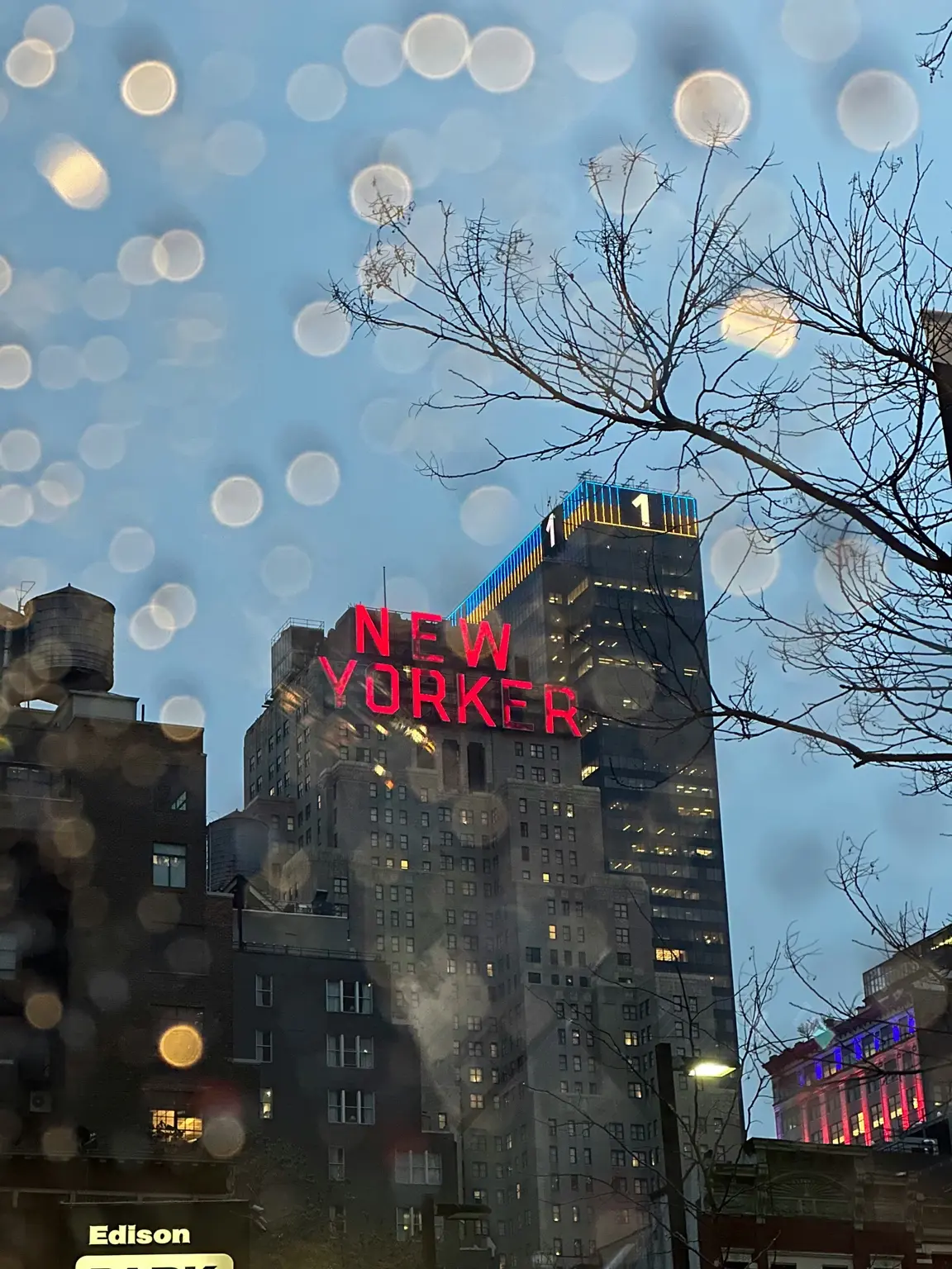 Edificios de Nueva York con el letrero New Yorker iluminado