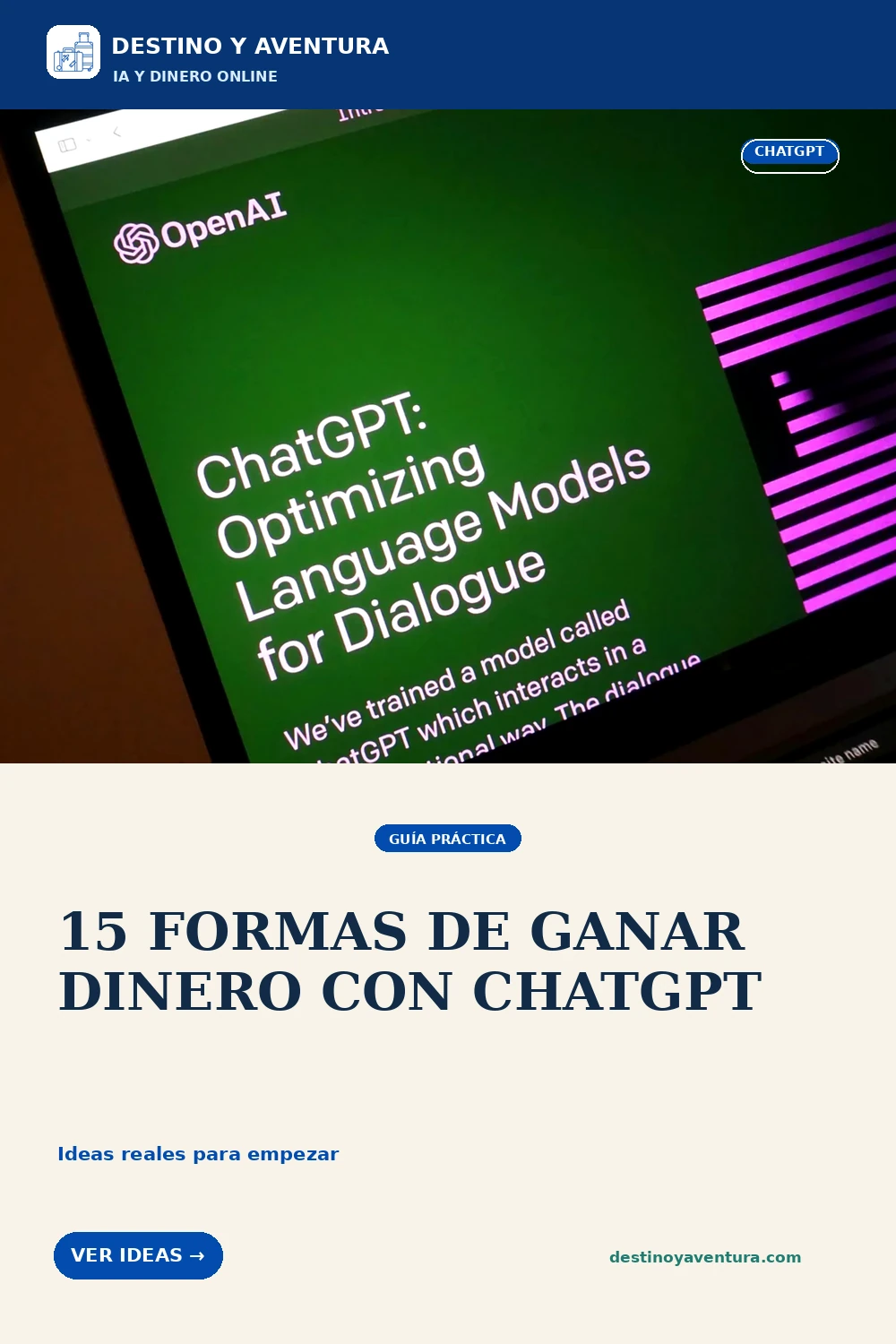 Pin vertical sobre cómo ganar dinero con chatgpt: 15 ideas reales para empezar