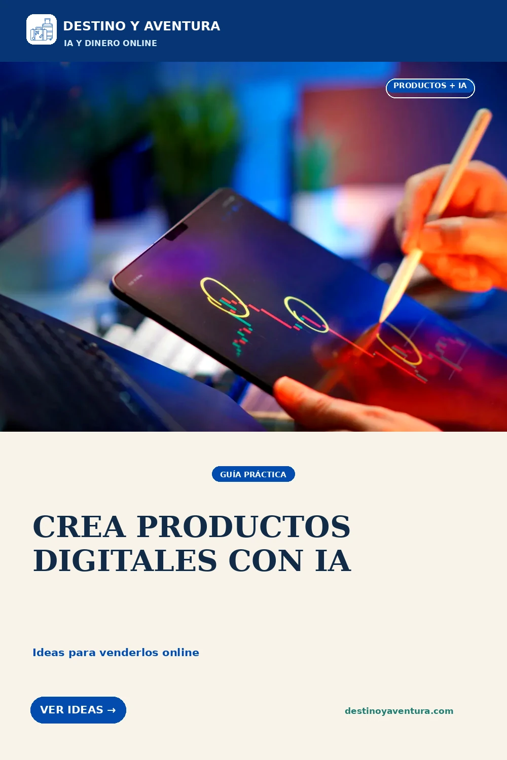 Pin vertical sobre cómo crear productos digitales con ia y venderlos online